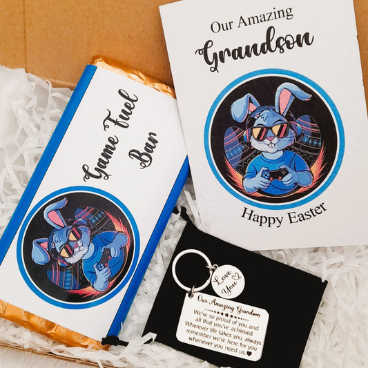 Grandson Easter Bunny Gamer Gift Box – Card, Keychain and Chocolate