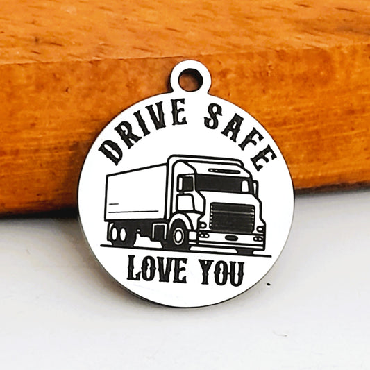 Drive Safe (Truck) Charms, Bulk Packs, Stainless Steel Gold and Silver Colour Pendants - Tags