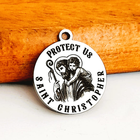 Saint Christopher Charms, Bulk Packs, Stainless Steel Gold and Silver Colour Pendants - Tags