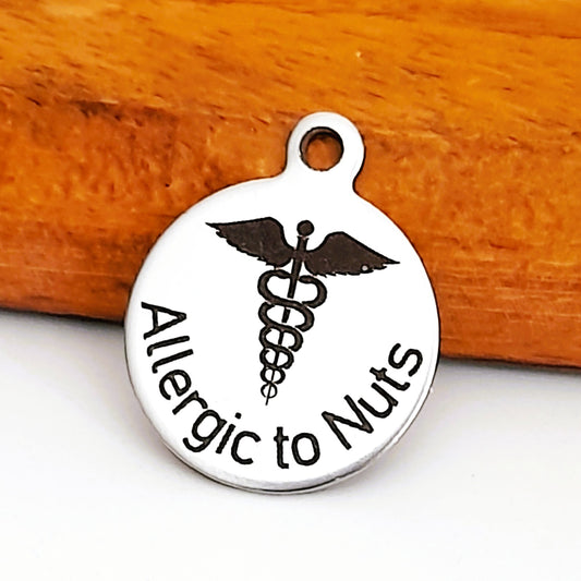 Allergic To Nuts Charms, Bulk Packs, Stainless Steel Gold and Silver Colour Pendants - Tags