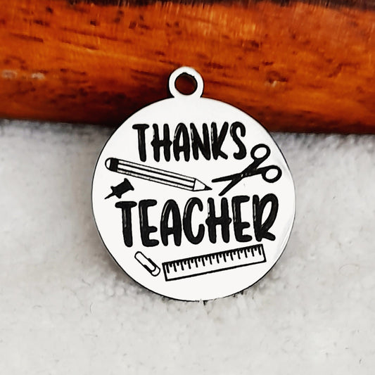 Thanks Teacher Charms, Bulk Packs, Stainless Steel Gold and Silver Colour Pendants - Tags