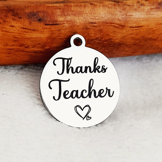 Thanks Teacher Charms, Bulk Packs, Stainless Steel Gold and Silver Colour Pendants - Tags