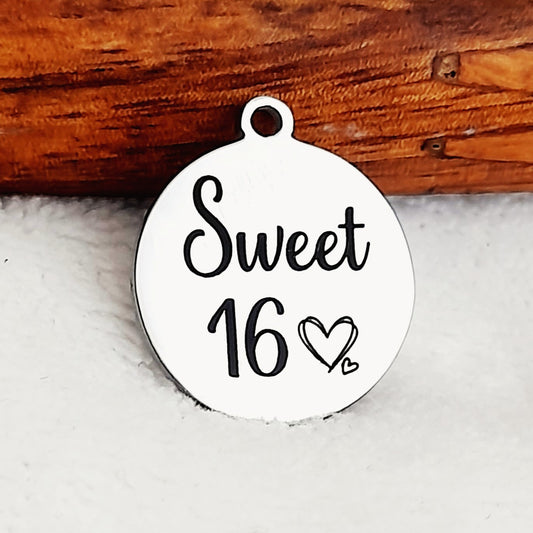 Sweet 16 Charms, Bulk Packs, Stainless Steel Gold and Silver Colour Pendants - Tags