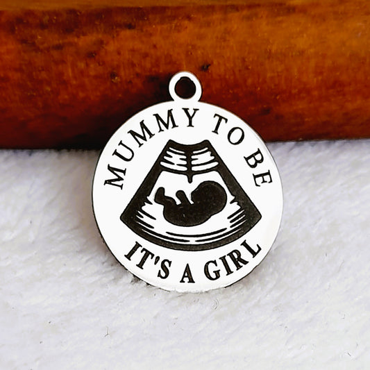 Mummy to Be (Girl) Charms, Bulk Packs, Stainless Steel Gold and Silver Colour Pendants - Tags