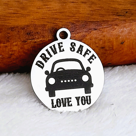 Drive Safe Charms, Bulk Packs, Stainless Steel Gold and Silver Colour Pendants - Tags