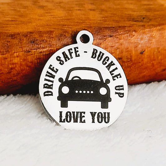 Drive Safe (Buckle) Charms, Bulk Packs, Stainless Steel Gold and Silver Colour Pendants - Tags