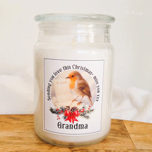 Personalised Robin Memorial Candle – Sending You Love This Christmas, Letter to Heaven Remembrance Gift