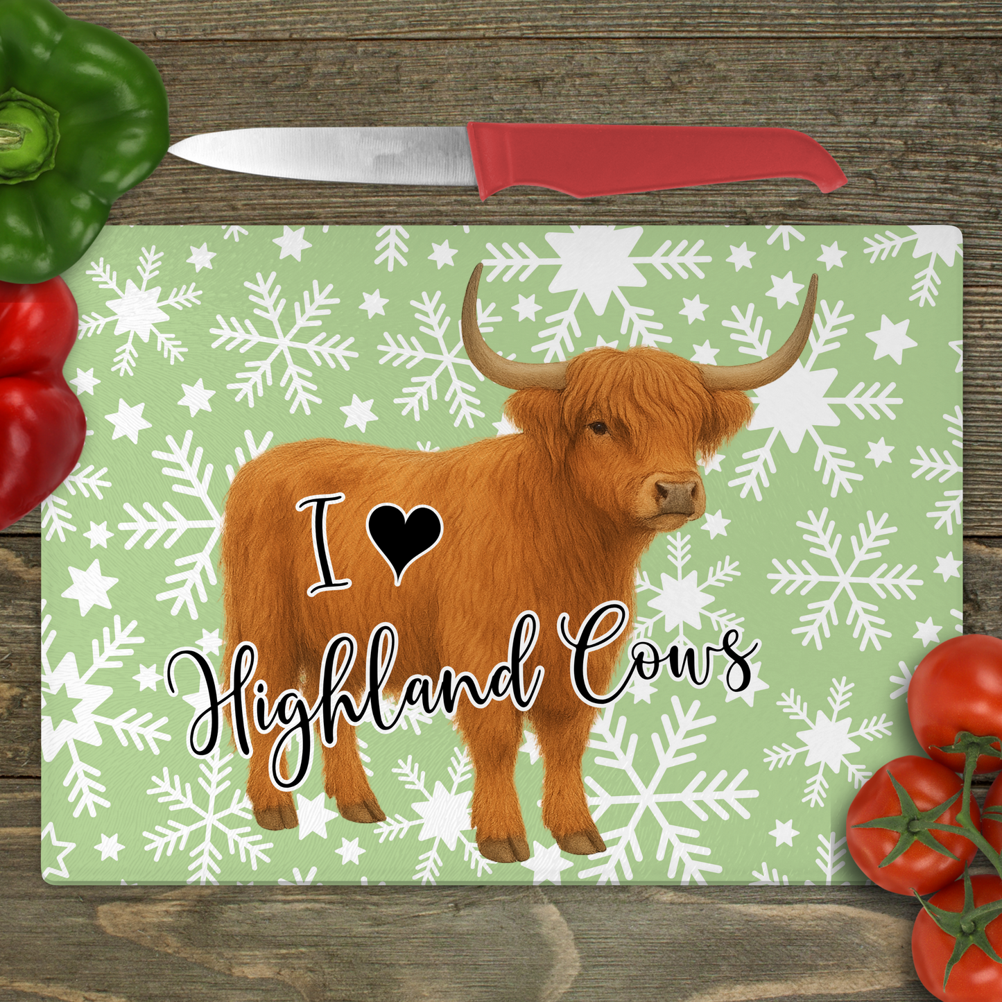 I Love Highland Cows (Snowflakes) - Small Glass Cutting Board