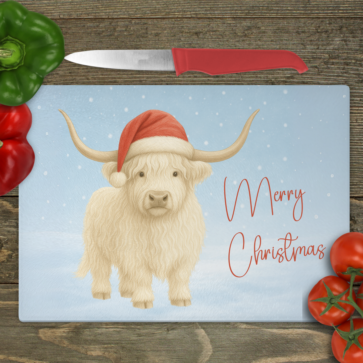 White Highland Cow Merry Christmas - Small Glass Cutting Board
