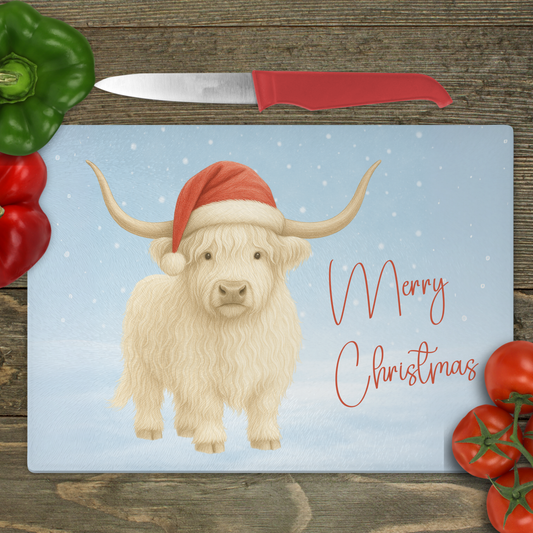 White Highland Cow Merry Christmas - Small Glass Cutting Board