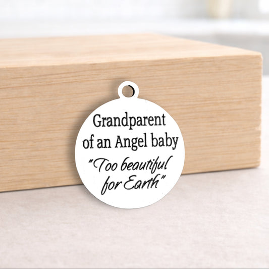 Round white pendant with text on a wooden block