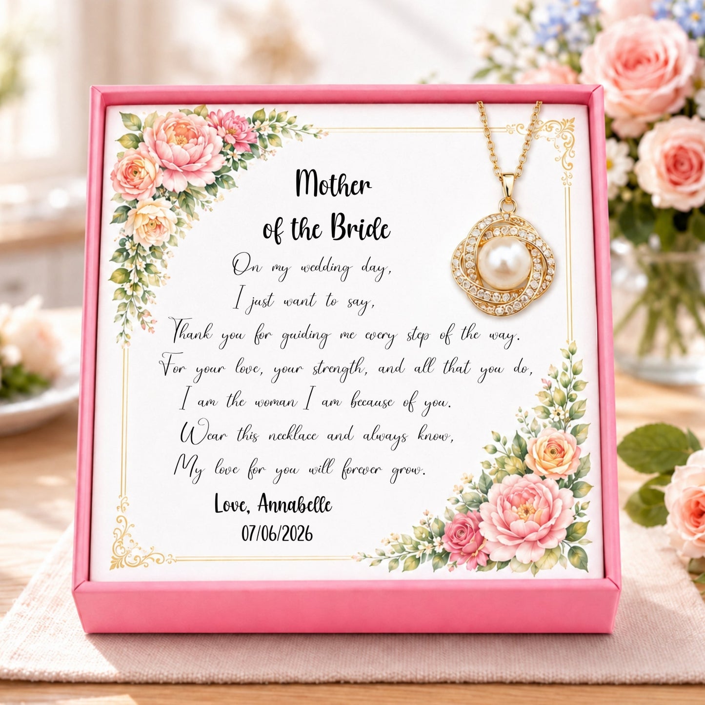 Personalised Mother of the Bride pearl necklace gift box with floral message card and gold freshwater pearl pendant