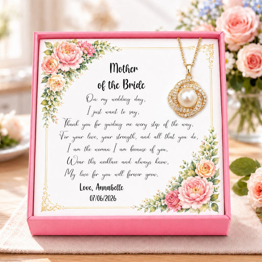 Personalised Mother of the Bride pearl necklace gift box with floral message card and gold freshwater pearl pendant