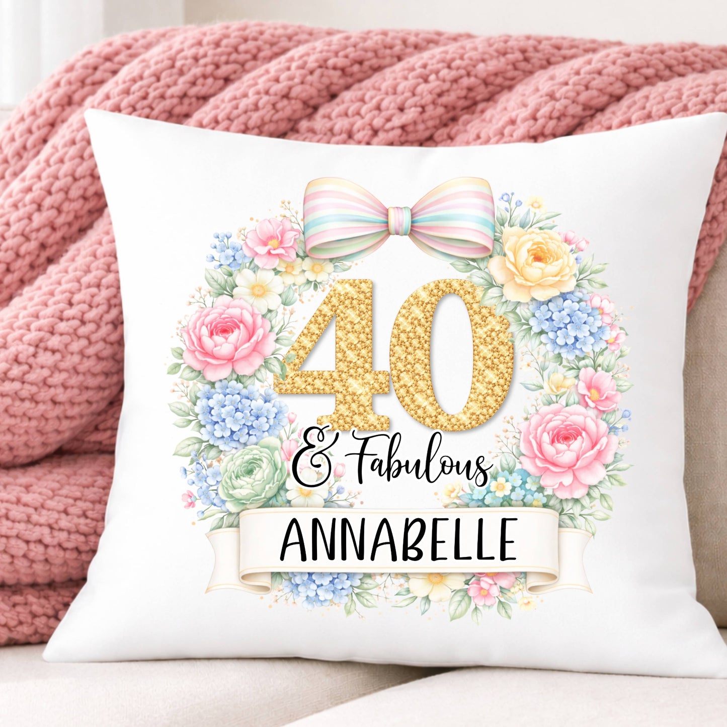 Personalised Birthday Cushion with Name – Any Age Floral & Fabulous Cushion Gift