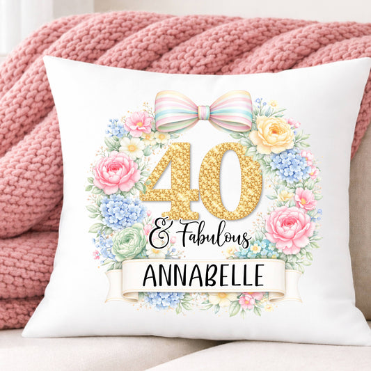 Personalised Birthday Cushion with Name – Any Age Floral & Fabulous Cushion Gift