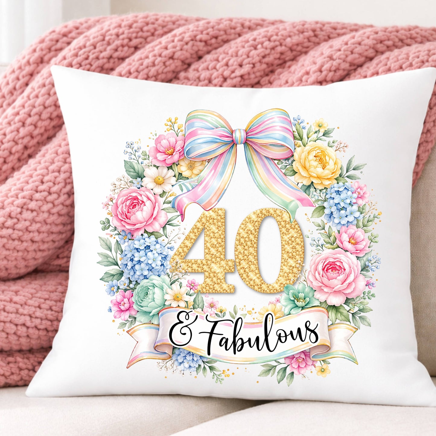 Birthday Cushion – Any Age & Fabulous Floral Cushion Gift for Her, Gold number, 20 30 40 50 60