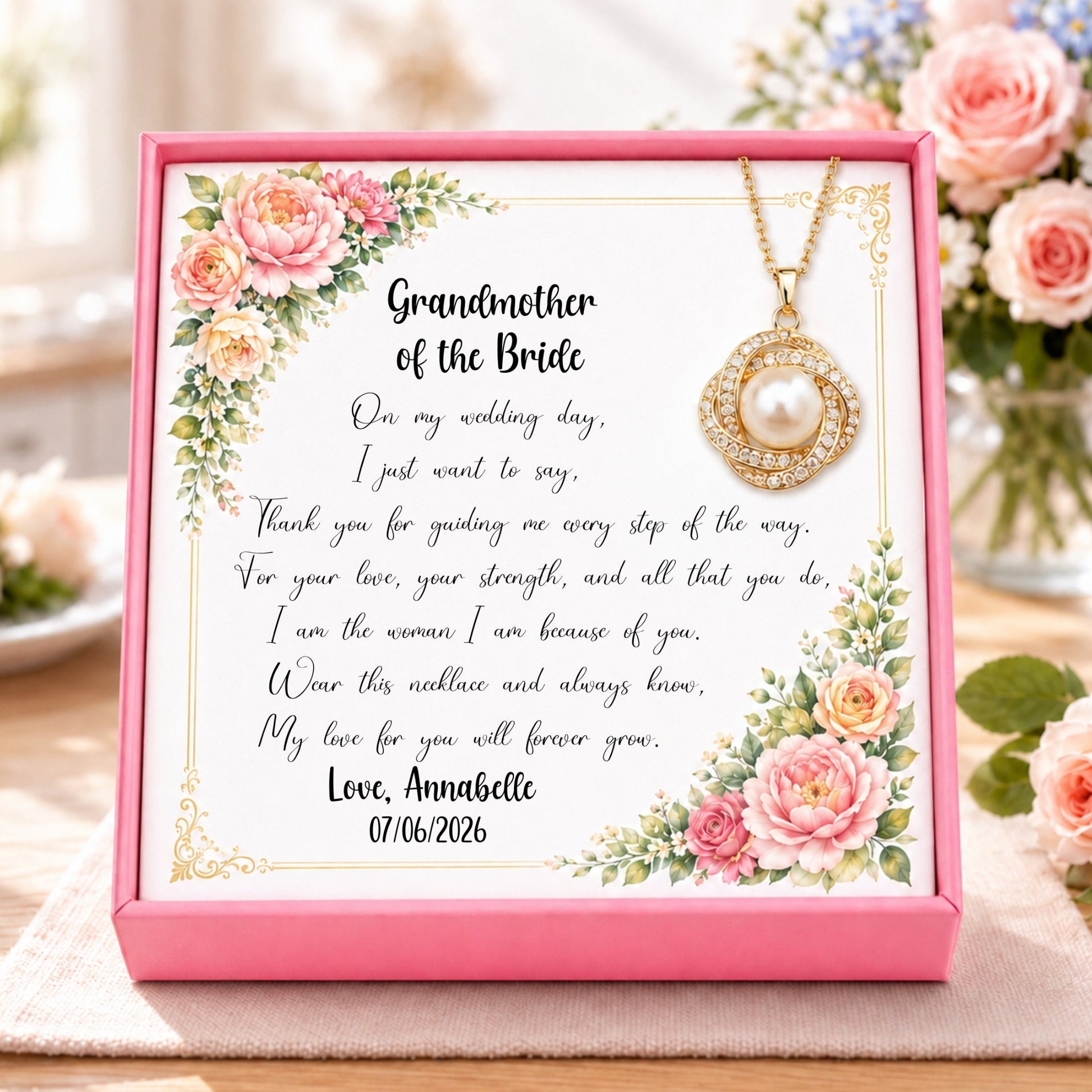 Necklace with a sentimental message card for grandmother of the bride, surrounded by flowers.