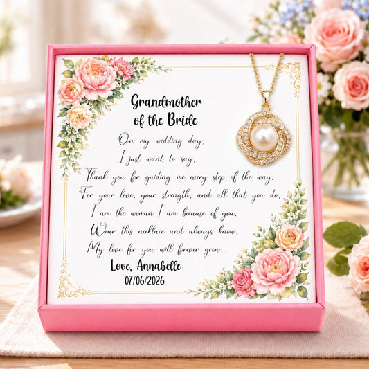 Necklace with a sentimental message card for grandmother of the bride, surrounded by flowers.
