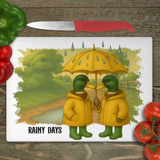 Two ducks in yellow raincoats holding a yellow umbrella on a 'Rainy Days' glass cutting board, surrounded by vegetables.