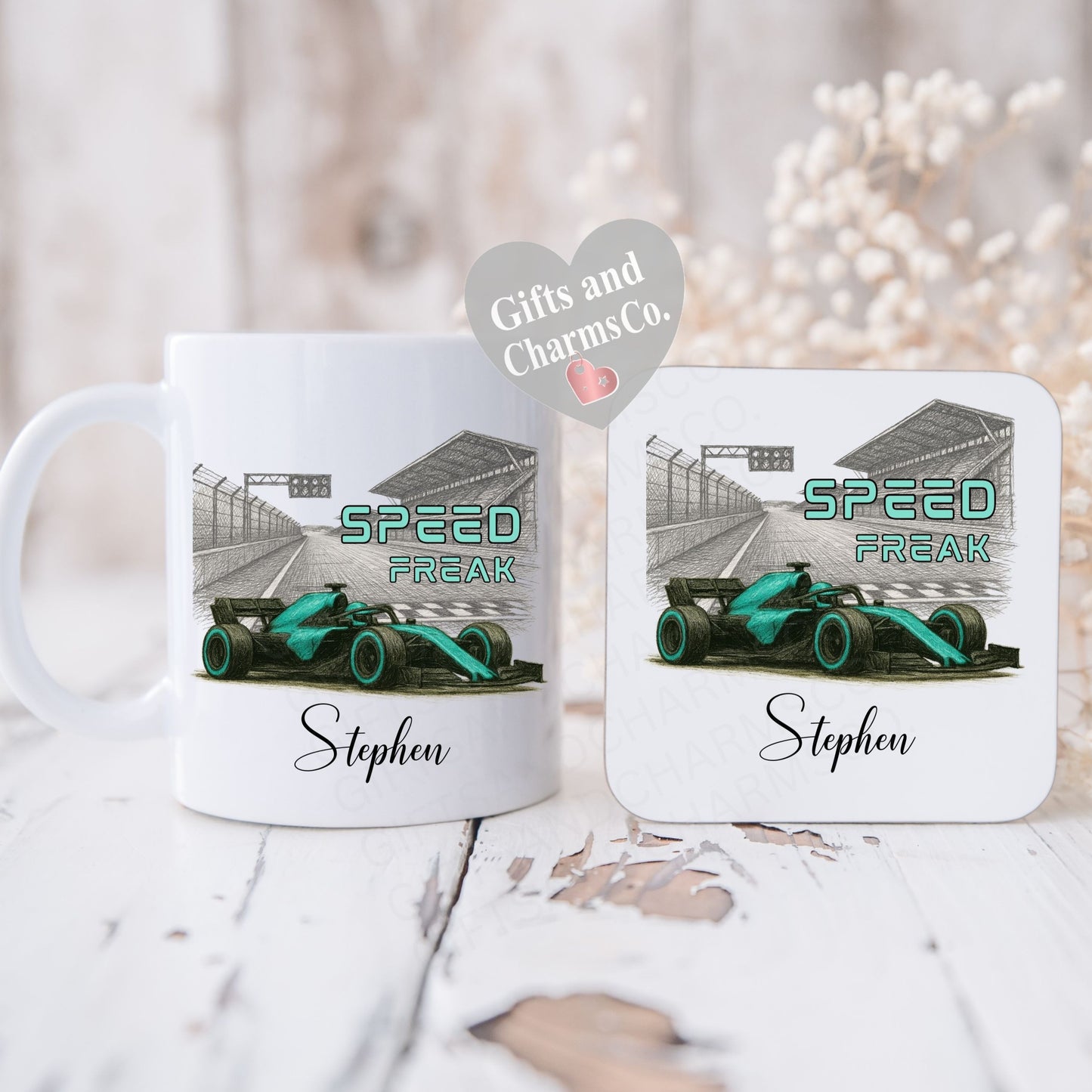 Personalised F1 Speed Freak Mug and Coaster Set