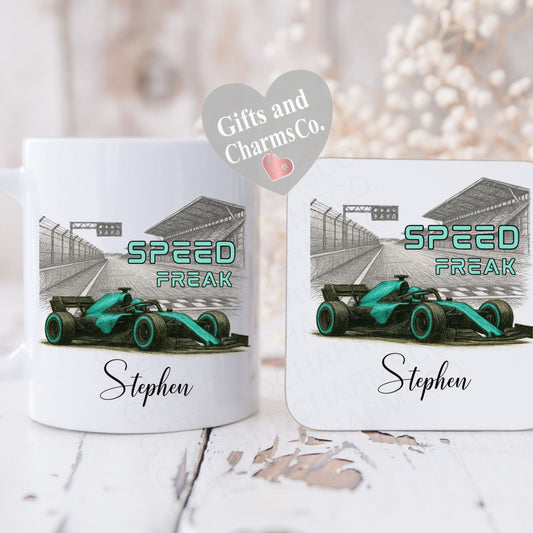 Personalised F1 Speed Freak Mug and Coaster Set
