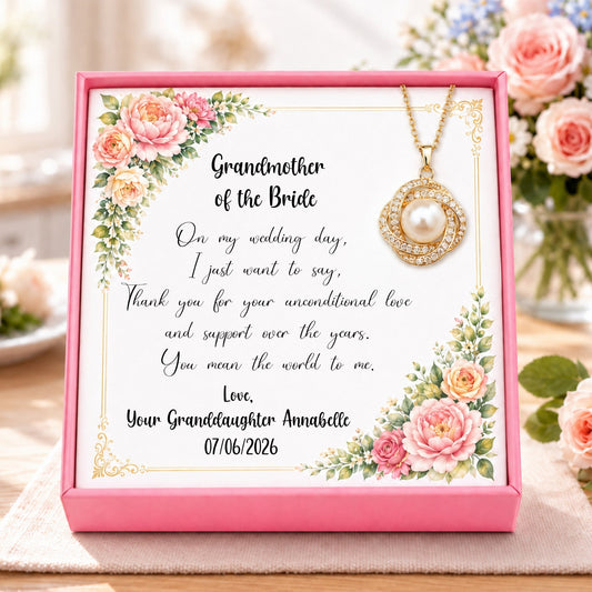 Personalised Grandmother of the Bride pearl necklace gift from granddaughter with floral message card and gold pearl pendant