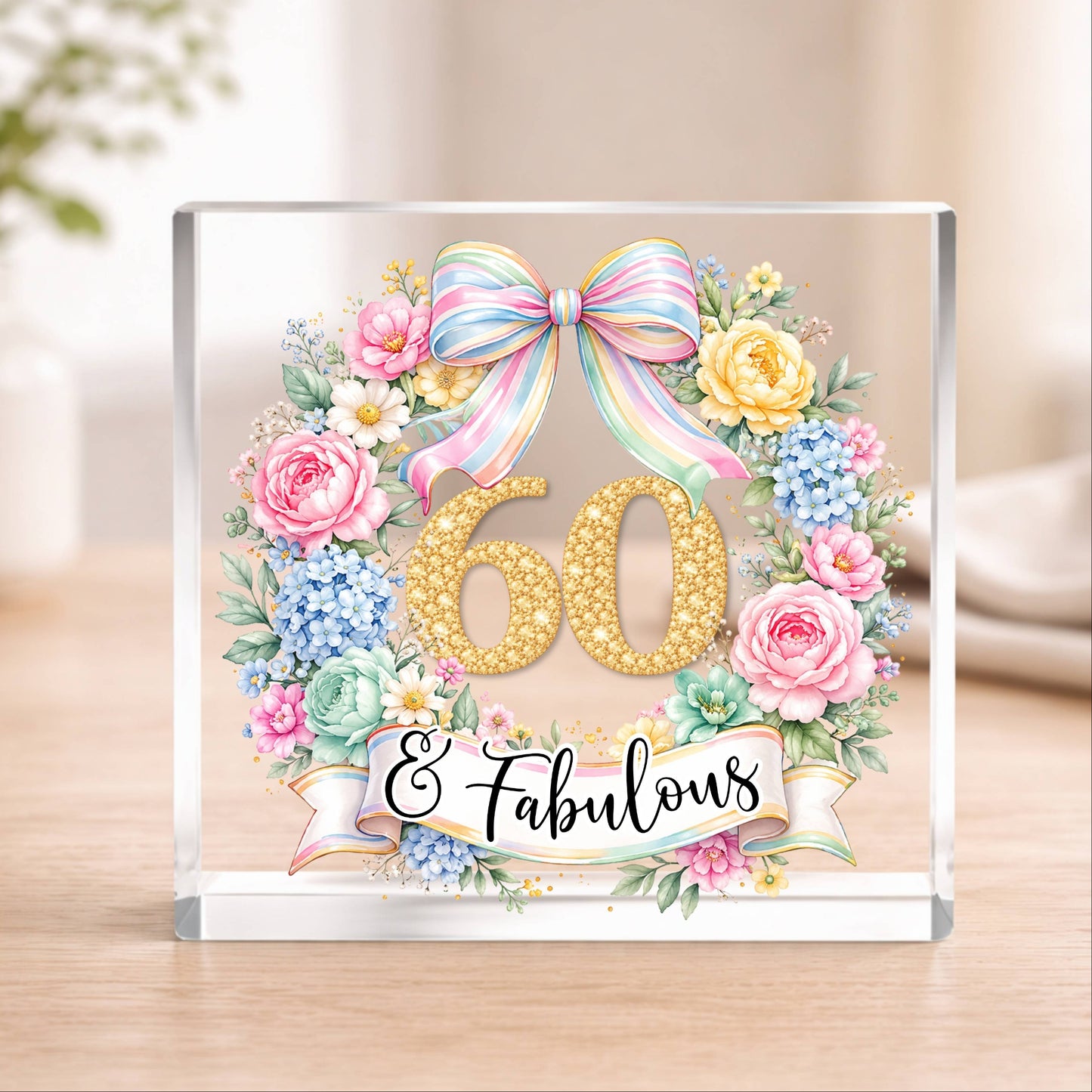 Clear Acrylic block with floral design and '60 & Fabulous' text on a wooden surface.