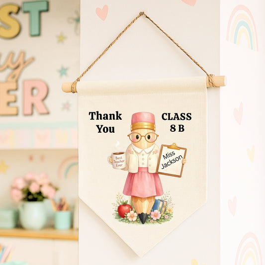 Personalised Female Teacher Pennant Flag – Thank You Teacher Class Gift Wall Decor