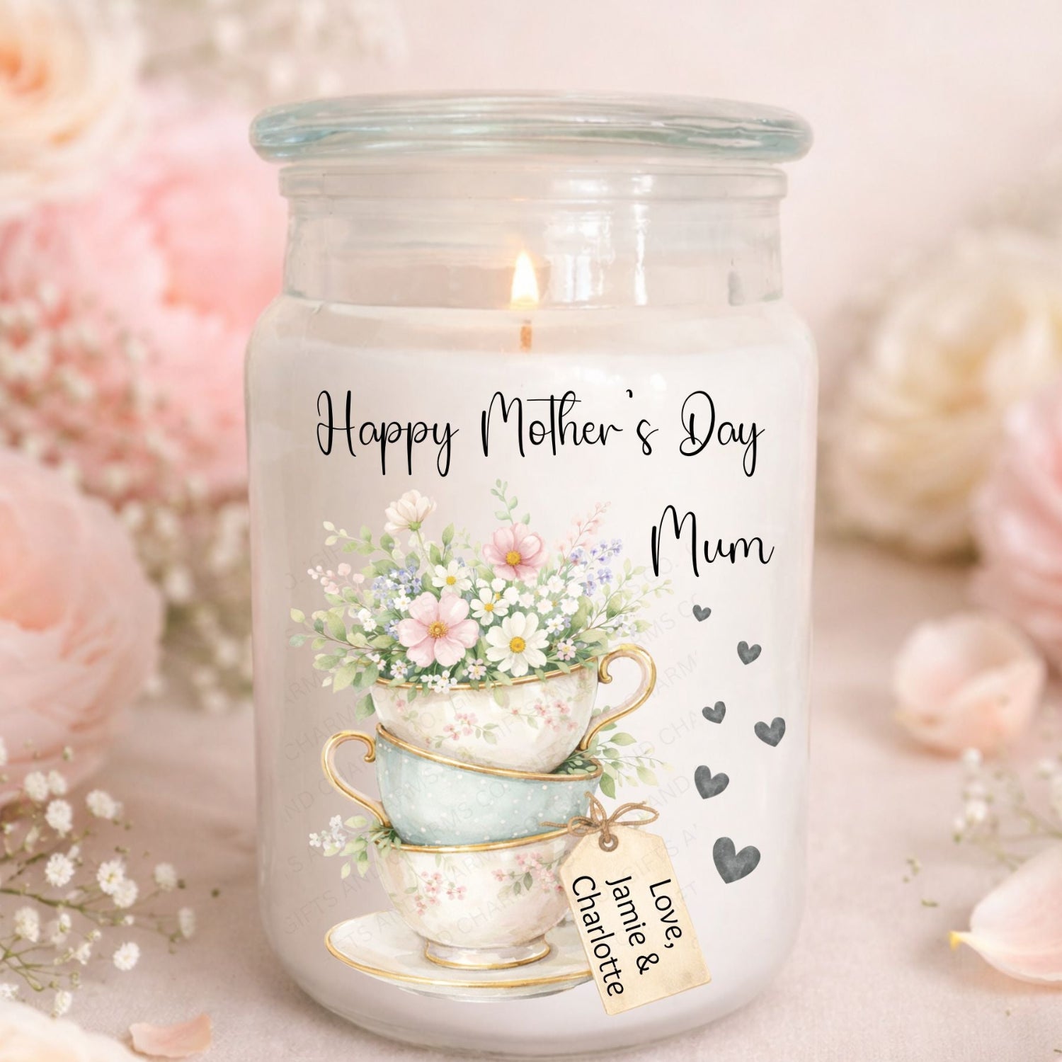 Candle jar with 'Happy Mother's Day Mum' text and floral design on a soft background