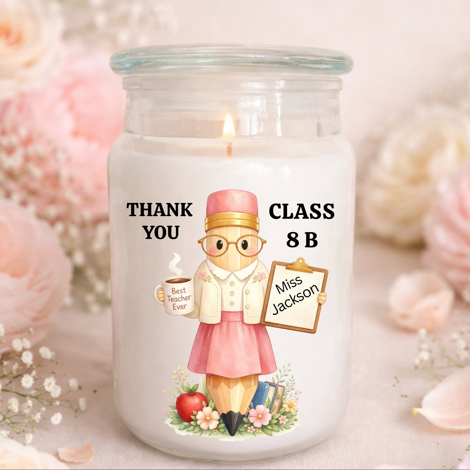 Candle jar with a teacher illustration and text, surrounded by flowers.