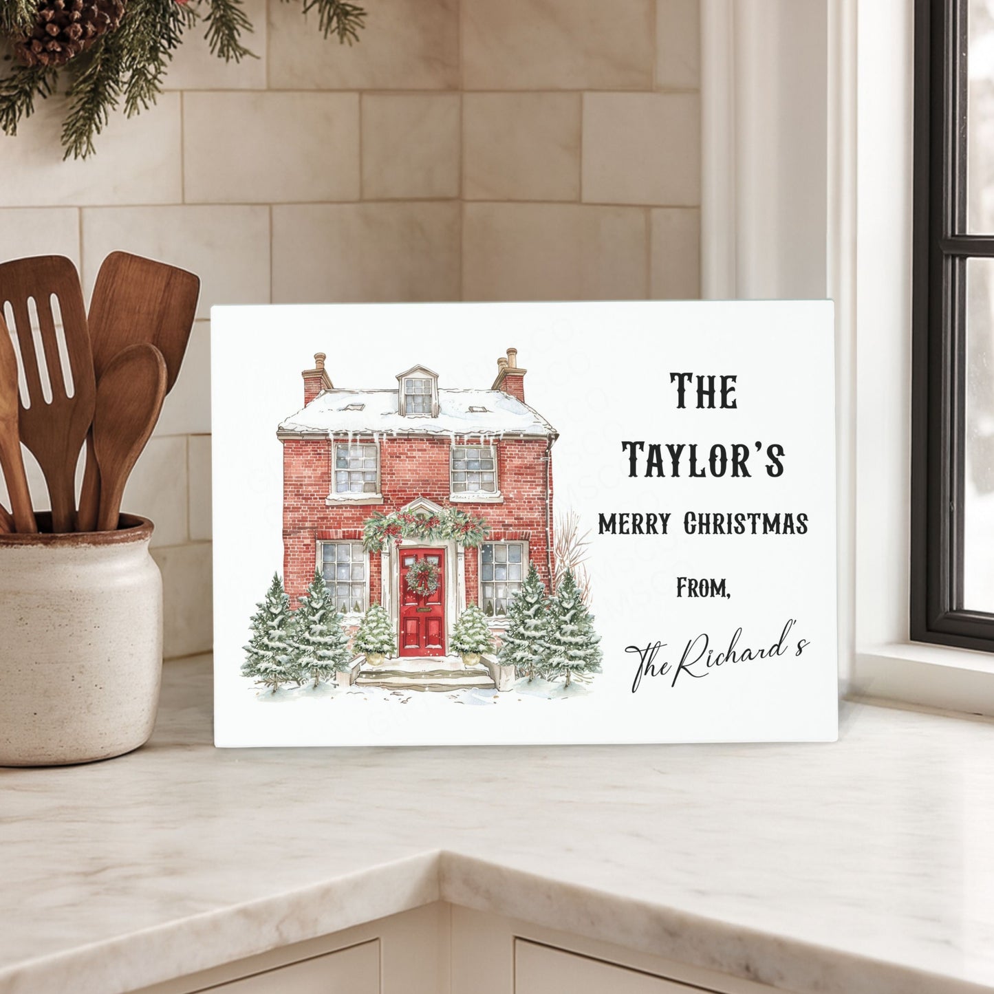 Christmas House Family to Family - Small Glass Cutting Board
