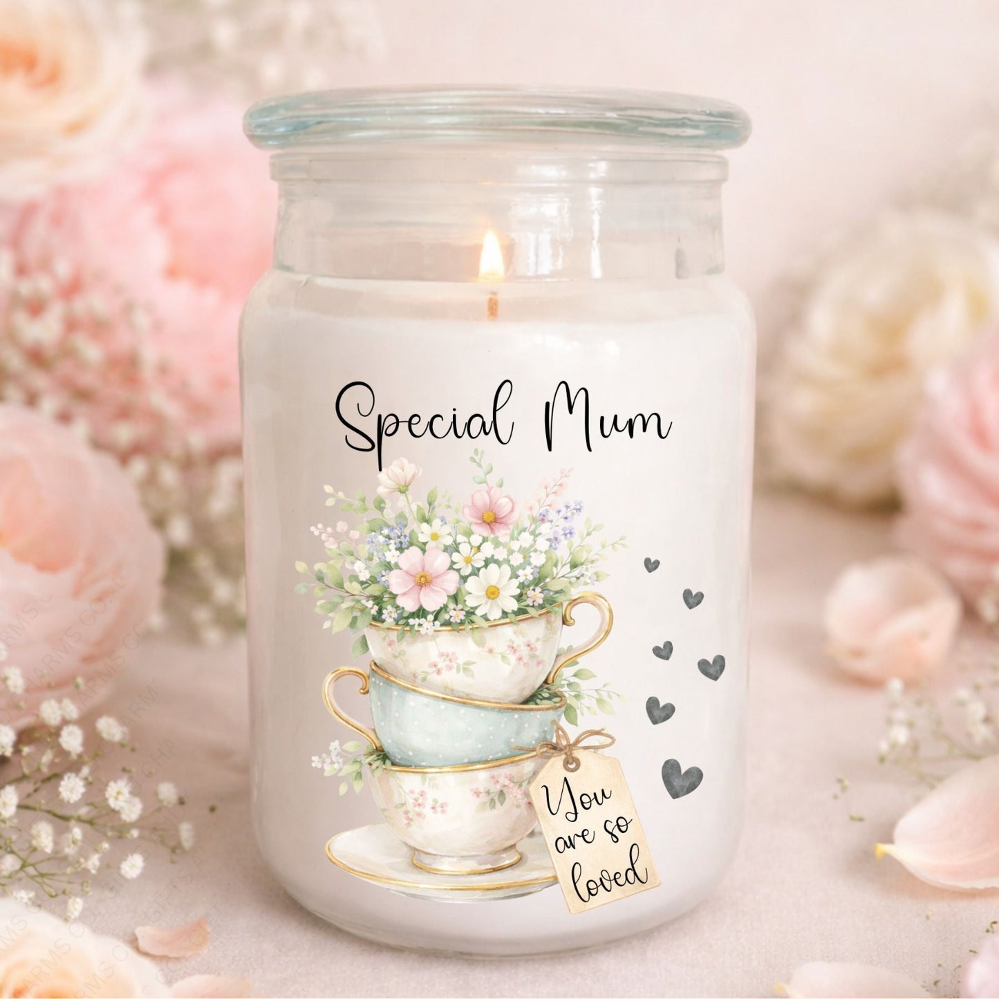 Candle jar with floral design and 'Special Mum' text on a soft background
