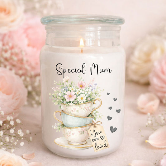 Candle jar with floral design and 'Special Mum' text on a soft background