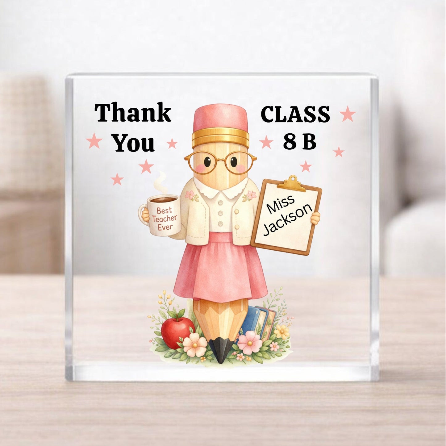 Educational-themed decorative clear acrylic Freestanding block with a teacher illustration and text.