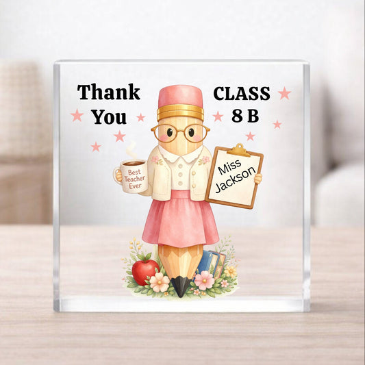 Educational-themed decorative clear acrylic Freestanding block with a teacher illustration and text.