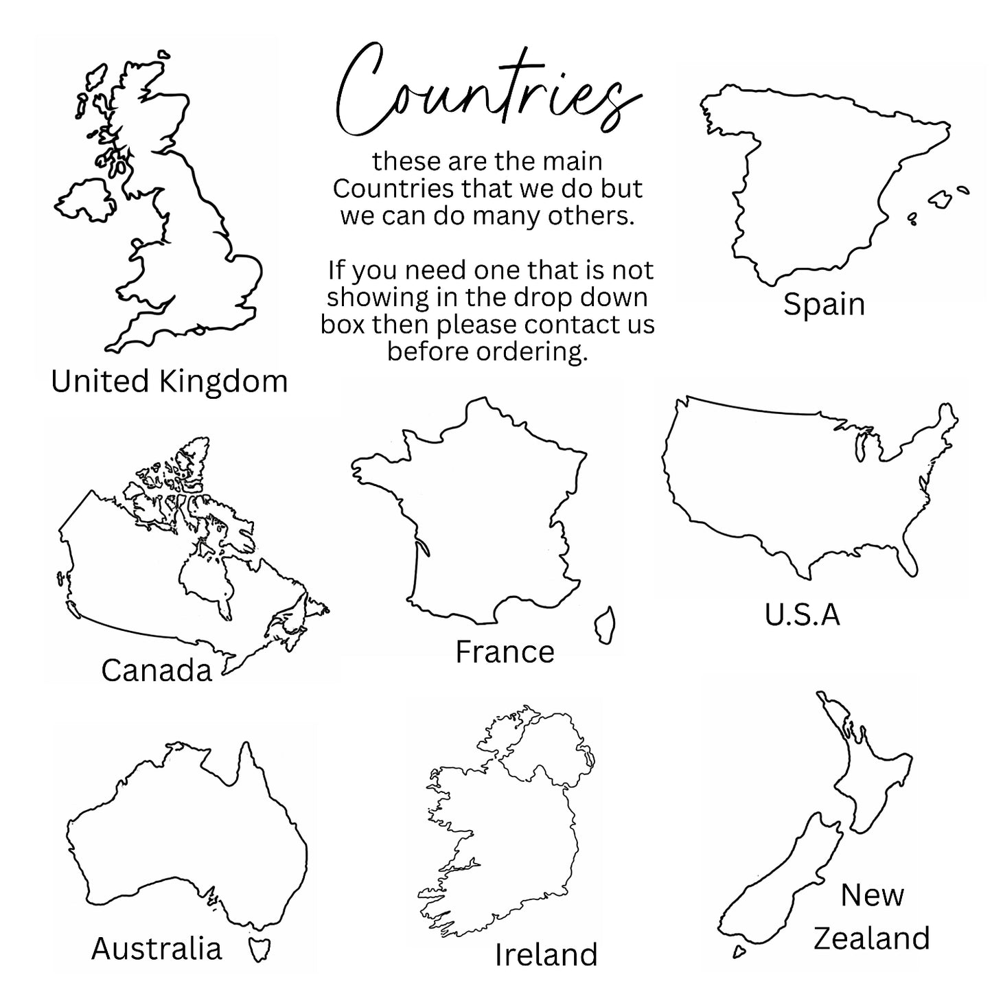 Maps of various countries with labels on a white background