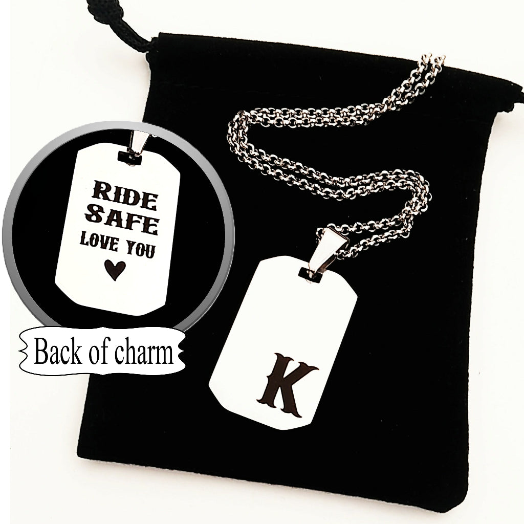 Men's Biker Necklace – Stainless Steel Engraved Initial & Ride Safe Message
