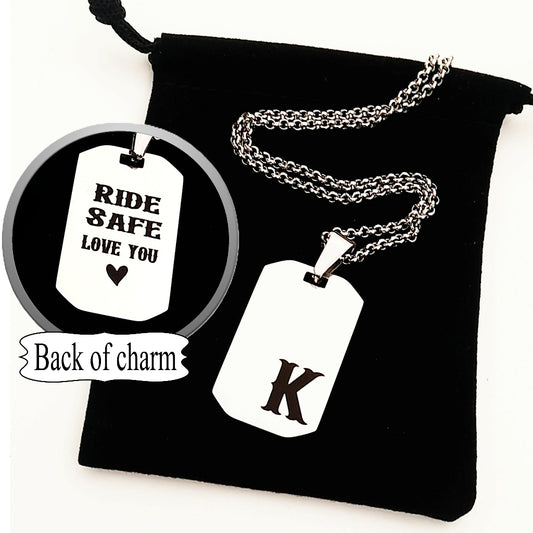 Men's Biker Necklace – Stainless Steel Engraved Initial & Ride Safe Message