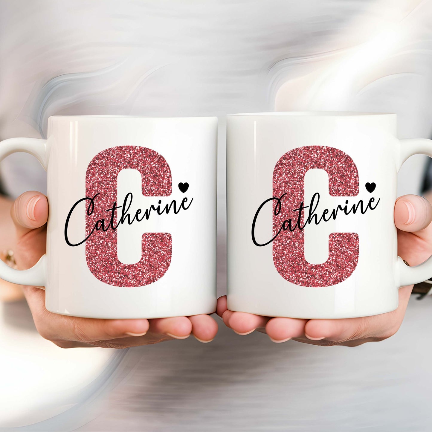 Personalised Mug with Salmon Pink Sparkle Initial and Name