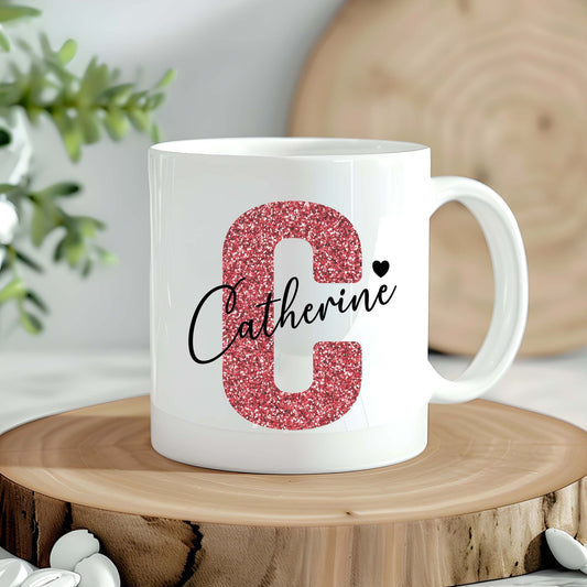 Personalised Mug with Salmon Pink Sparkle Initial and Name