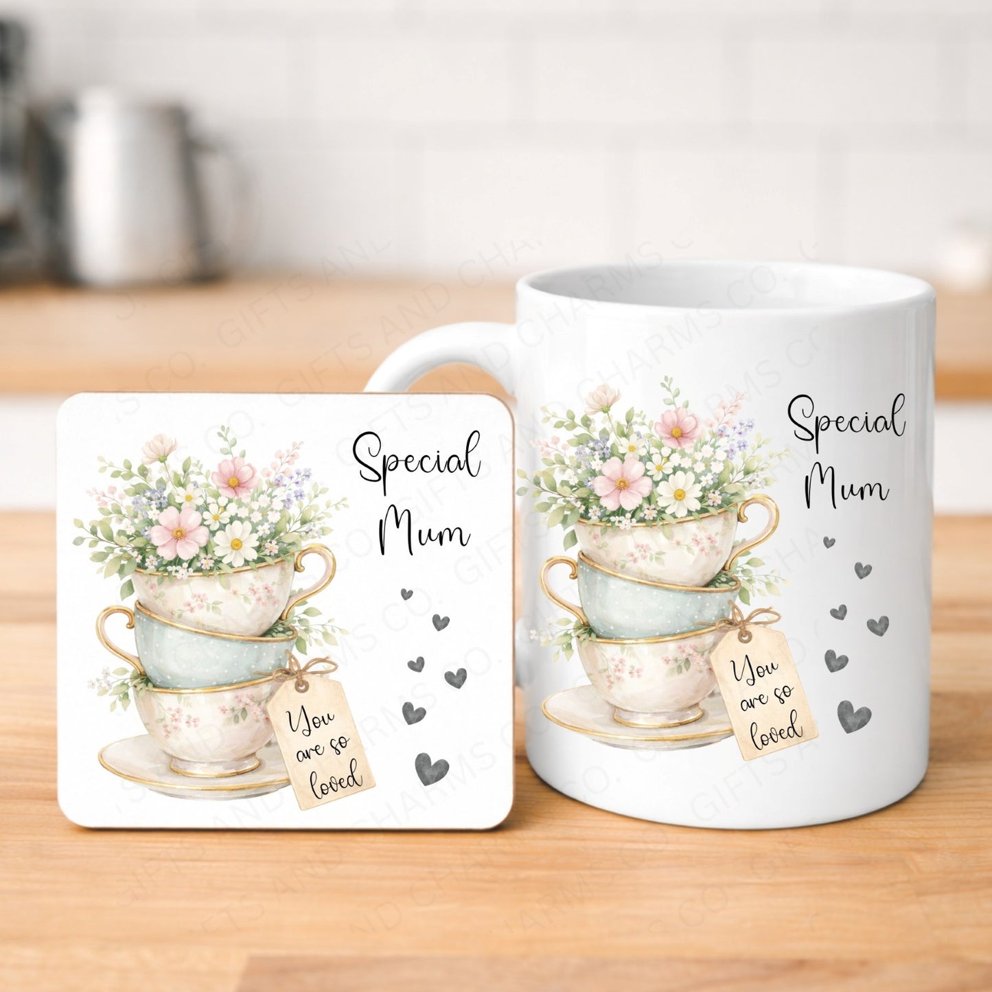 Mug and coaster set with floral design and 'Special Mum' text on a wooden surface.