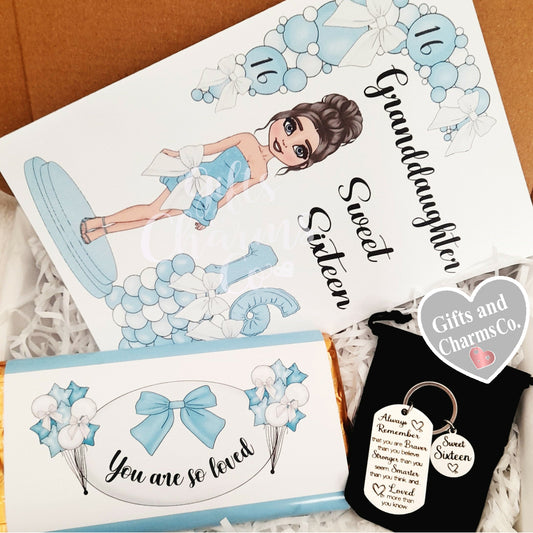 Granddaughter Sweet Sixteen Gift Box, Stronger Braver – Card, Keychain and Chocolate