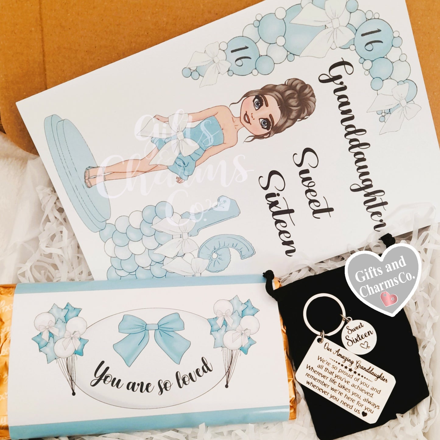 Granddaughter Sweet 16 Gift Box – Card, Keychain and Chocolate